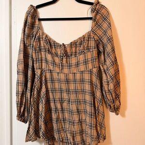 Princess Polly Beige Plaid Puff-Sleeve Square Neck Blouse